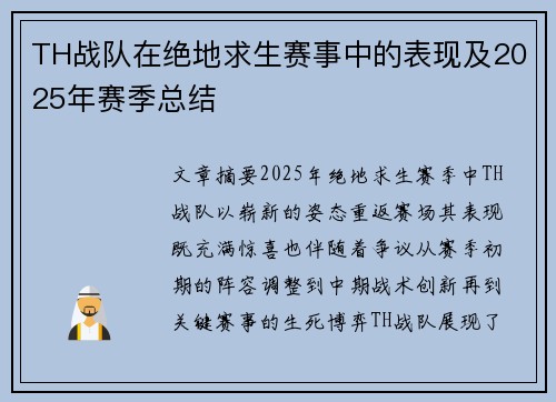 TH战队在绝地求生赛事中的表现及2025年赛季总结